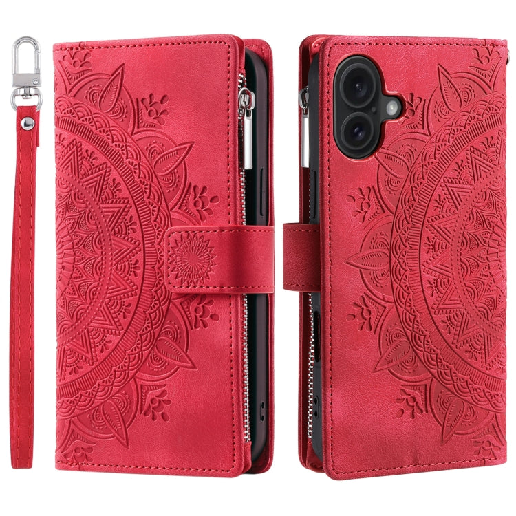 For iPhone 16 Multi-Card Totem Zipper Leather Phone Case