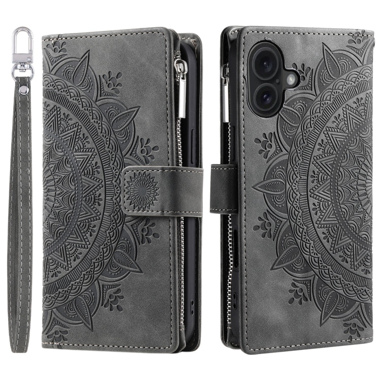 For iPhone 16 Multi-Card Totem Zipper Leather Phone Case