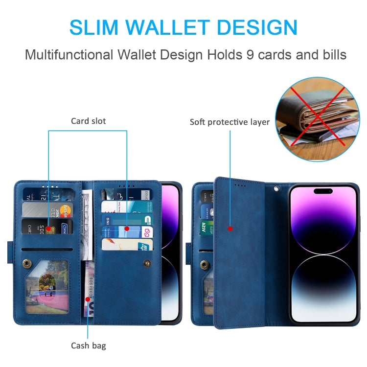 For iPhone 16 Pro Max Nine Card Zipper Bag Leather Phone Case with Lanyard