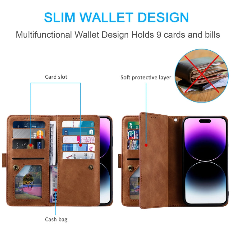 For iPhone 16 Pro Nine Card Zipper Bag Leather Phone Case with Lanyard