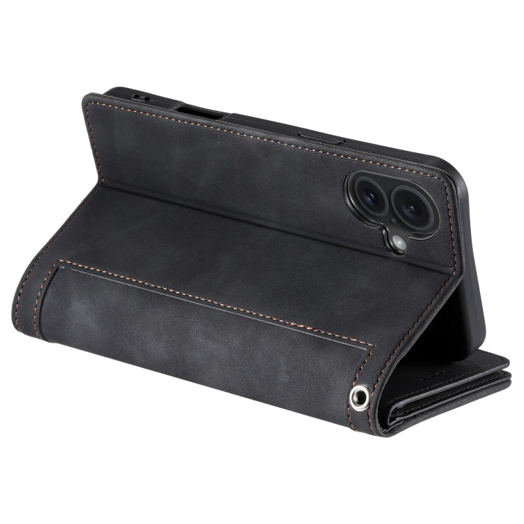 For iPhone 16 Plus Nine Card Zipper Bag Leather Phone Case with Lanyard