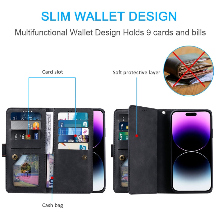 For iPhone 16 Plus Nine Card Zipper Bag Leather Phone Case with Lanyard