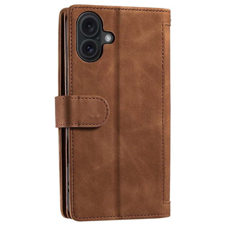 For iPhone 16 Plus Nine Card Zipper Bag Leather Phone Case with Lanyard