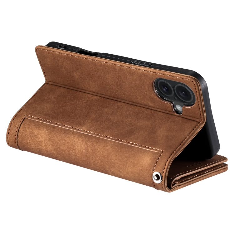 For iPhone 16 Plus Nine Card Zipper Bag Leather Phone Case with Lanyard