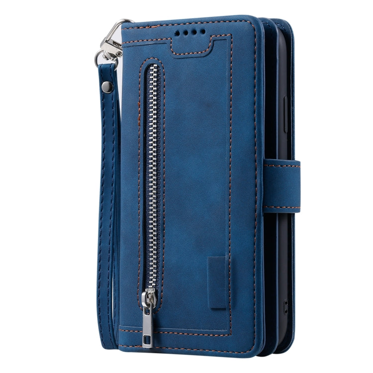 For iPhone 16 Plus Nine Card Zipper Bag Leather Phone Case with Lanyard