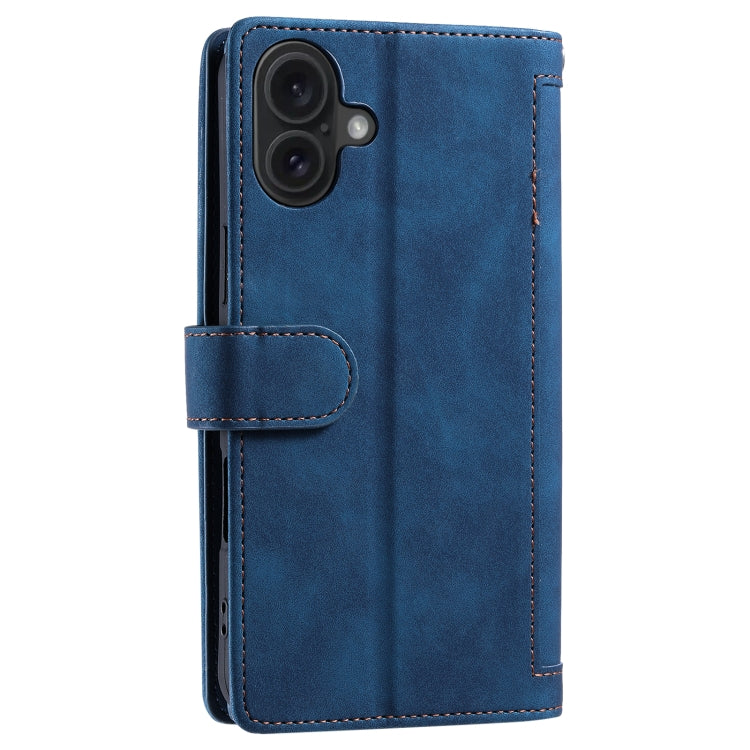For iPhone 16 Plus Nine Card Zipper Bag Leather Phone Case with Lanyard