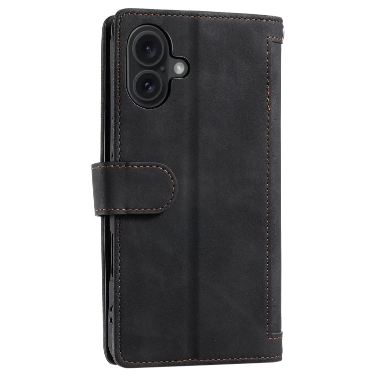 For iPhone 16 Nine Card Zipper Bag Leather Phone Case with Lanyard