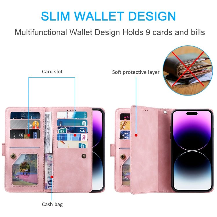 For iPhone 16 Nine Card Zipper Bag Leather Phone Case with Lanyard