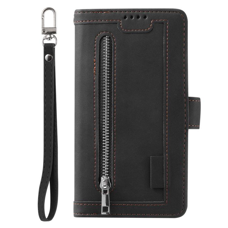 For iPhone 16e / 17e Nine Card Zipper Bag Leather Phone Case with Lanyard