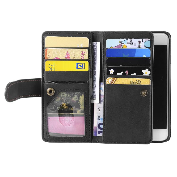 For iPhone 16e / 17e Nine Card Zipper Bag Leather Phone Case with Lanyard