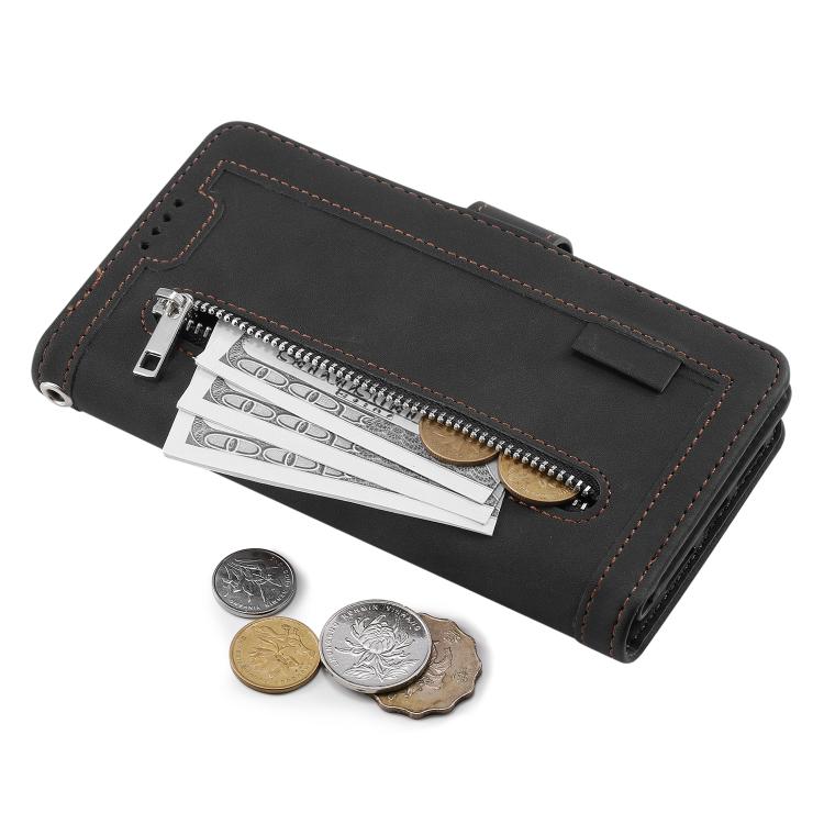 For iPhone 16e / 17e Nine Card Zipper Bag Leather Phone Case with Lanyard