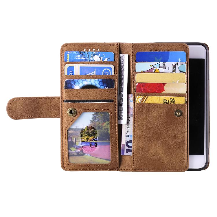 For iPhone 16e / 17e Nine Card Zipper Bag Leather Phone Case with Lanyard