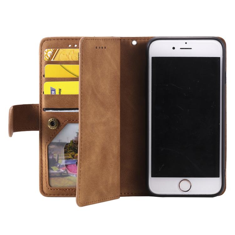 For iPhone 16e / 17e Nine Card Zipper Bag Leather Phone Case with Lanyard
