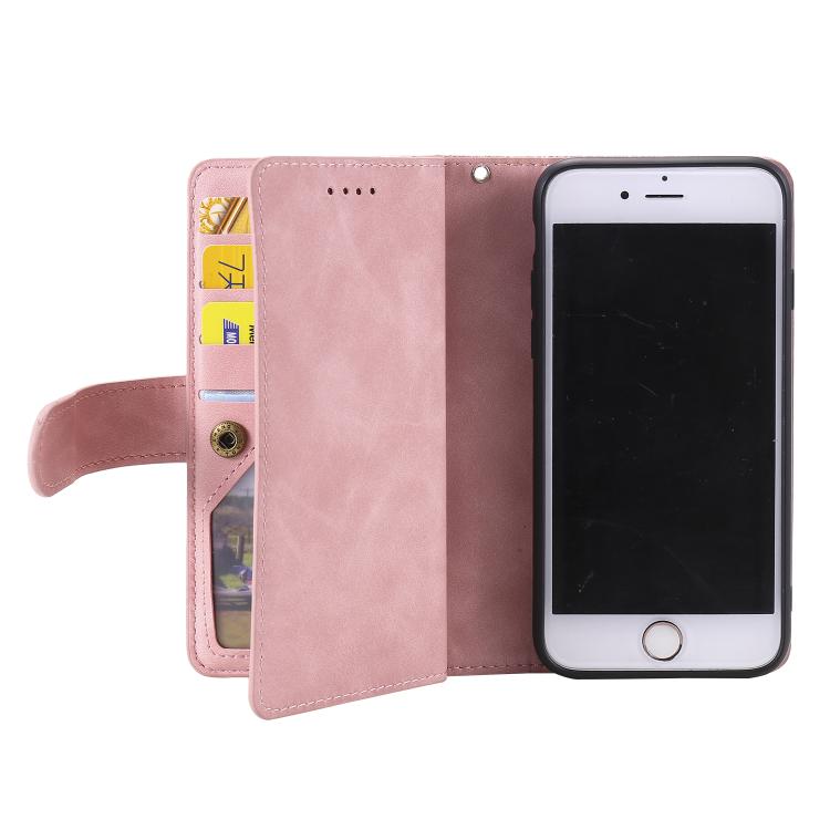 For iPhone 16e / 17e Nine Card Zipper Bag Leather Phone Case with Lanyard