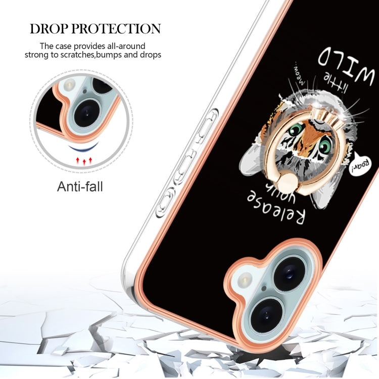 For iPhone 16 Plus Electroplating Dual-side IMD Phone Case with Ring Holder