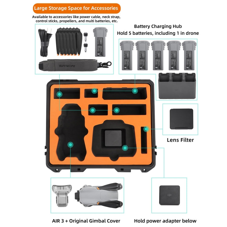 For DJI Air 3 Sunnylife Safety Carrying Case Large Capacity Waterproof Shock-proof Hard Travel Case