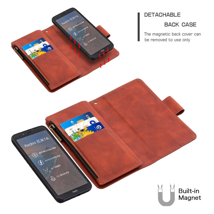 For Xiaomi Redmi 7A Skin Feel Detachable Magnetic Zipper Horizontal Flip PU Leather Case with Multi-Card Slots & Holder & Wallet & Photo Frame & Lanyard