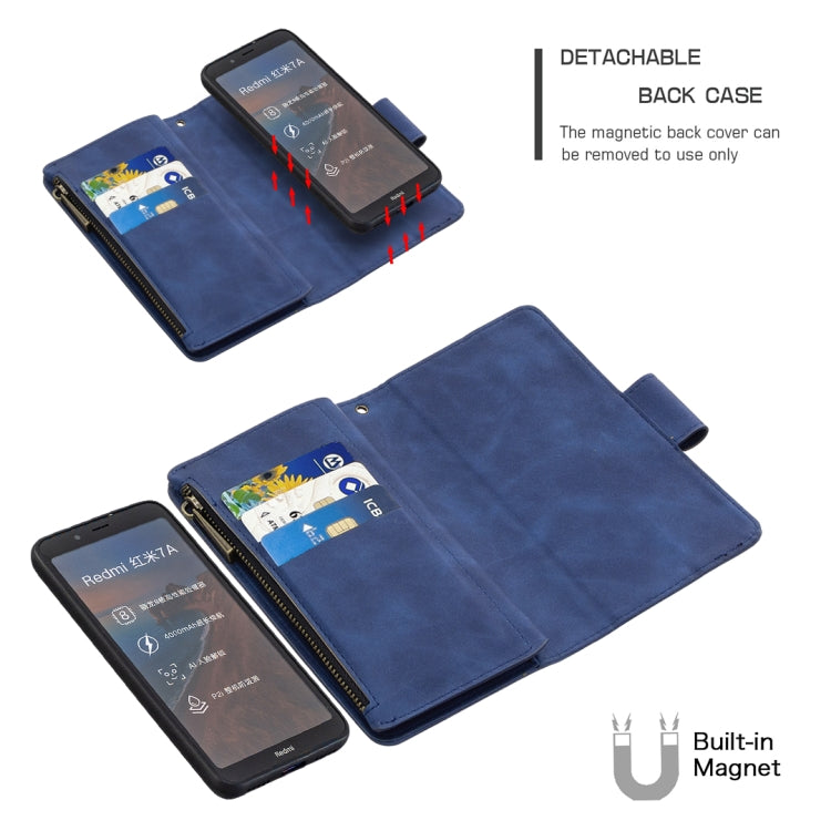 For Xiaomi Redmi 7A Skin Feel Detachable Magnetic Zipper Horizontal Flip PU Leather Case with Multi-Card Slots & Holder & Wallet & Photo Frame & Lanyard