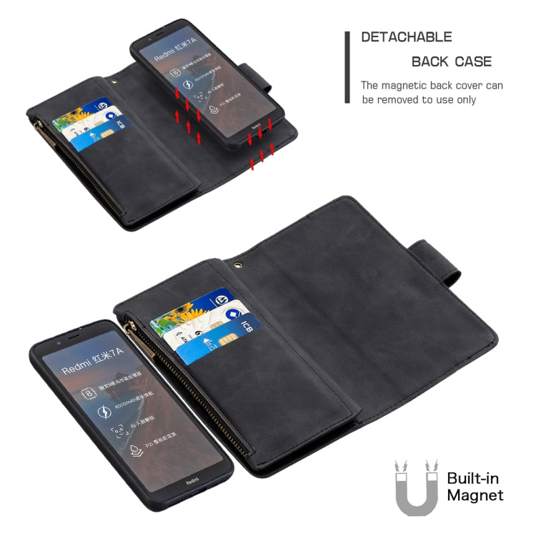 For Xiaomi Redmi 7A Skin Feel Detachable Magnetic Zipper Horizontal Flip PU Leather Case with Multi-Card Slots & Holder & Wallet & Photo Frame & Lanyard