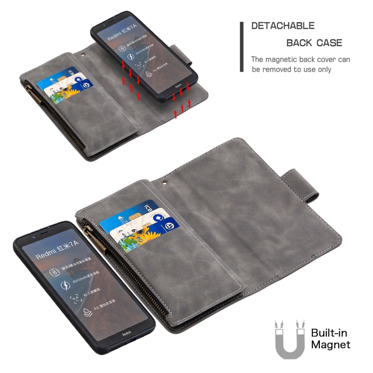 For Xiaomi Redmi 7A Skin Feel Detachable Magnetic Zipper Horizontal Flip PU Leather Case with Multi-Card Slots & Holder & Wallet & Photo Frame & Lanyard