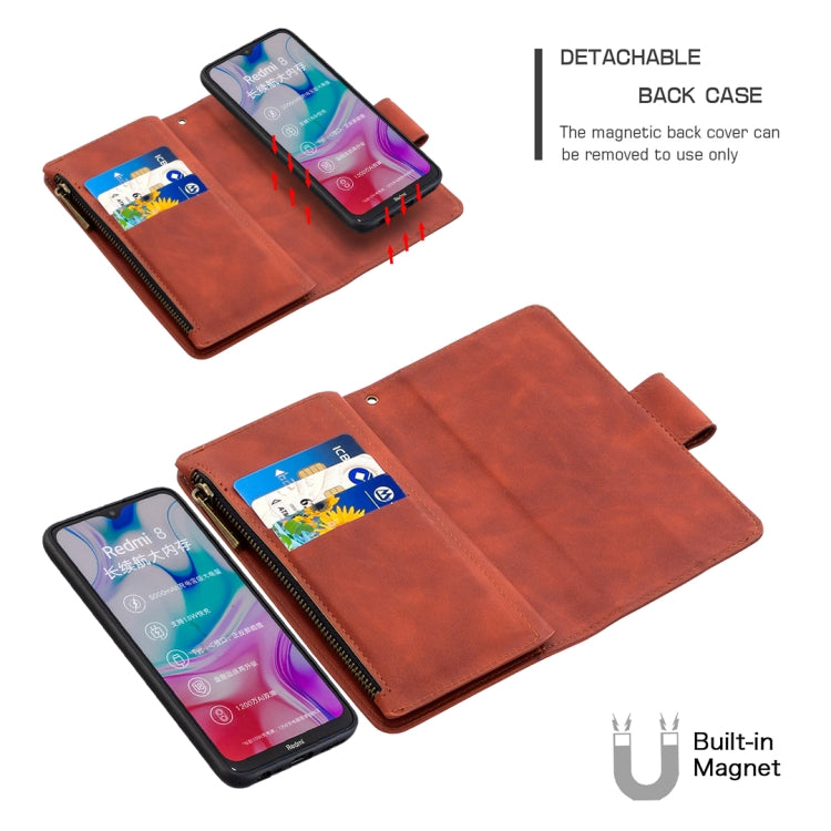 For Xiaomi Redmi 8 Skin Feel Detachable Magnetic Zipper Horizontal Flip PU Leather Case with Multi-Card Slots & Holder & Wallet & Photo Frame & Lanyard