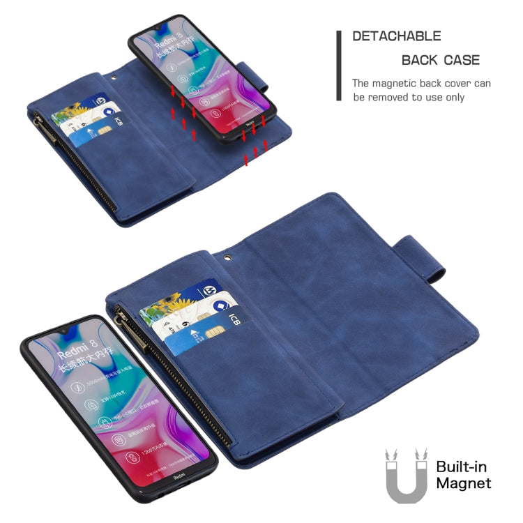 For Xiaomi Redmi 8 Skin Feel Detachable Magnetic Zipper Horizontal Flip PU Leather Case with Multi-Card Slots & Holder & Wallet & Photo Frame & Lanyard
