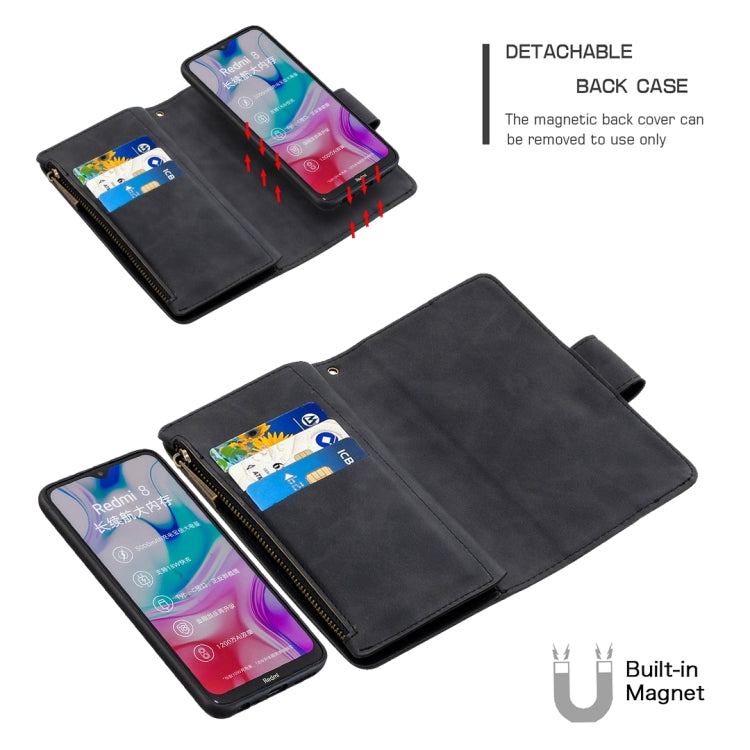 For Xiaomi Redmi 8 Skin Feel Detachable Magnetic Zipper Horizontal Flip PU Leather Case with Multi-Card Slots & Holder & Wallet & Photo Frame & Lanyard