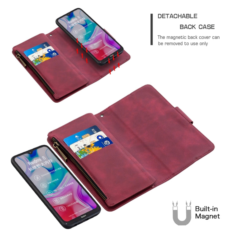 For Xiaomi Redmi 8 Skin Feel Detachable Magnetic Zipper Horizontal Flip PU Leather Case with Multi-Card Slots & Holder & Wallet & Photo Frame & Lanyard