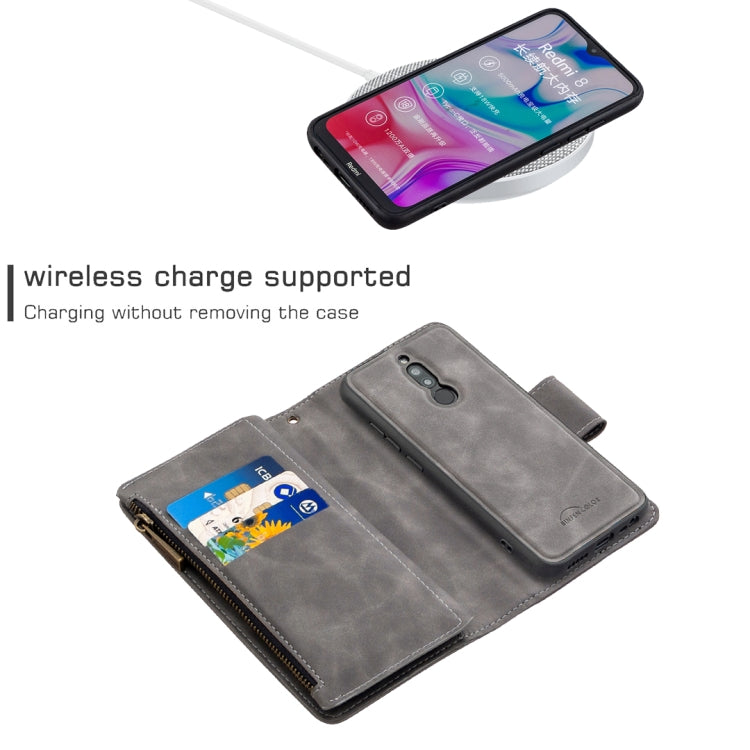 For Xiaomi Redmi 8 Skin Feel Detachable Magnetic Zipper Horizontal Flip PU Leather Case with Multi-Card Slots & Holder & Wallet & Photo Frame & Lanyard