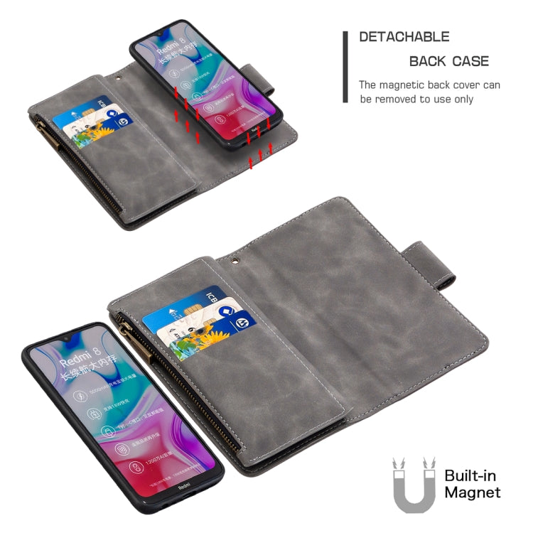 For Xiaomi Redmi 8 Skin Feel Detachable Magnetic Zipper Horizontal Flip PU Leather Case with Multi-Card Slots & Holder & Wallet & Photo Frame & Lanyard