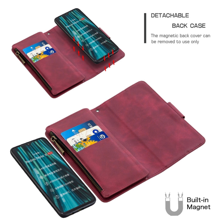 For Xiaomi Redmi Note 8 Pro Skin Feel Detachable Magnetic Zipper Horizontal Flip PU Leather Case with Multi-Card Slots & Holder & Wallet & Photo Frame & Lanyard