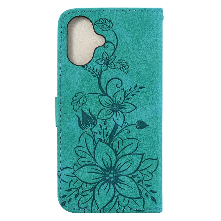 For iPhone 16 Plus Lily Embossed Leather Phone Case