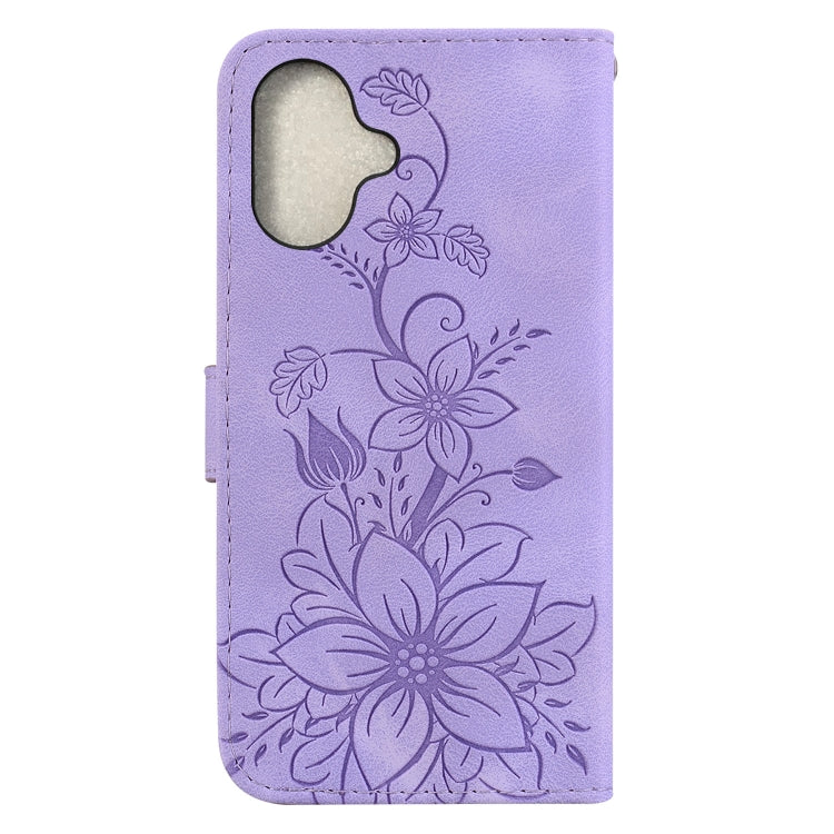 For iPhone 16 Plus Lily Embossed Leather Phone Case
