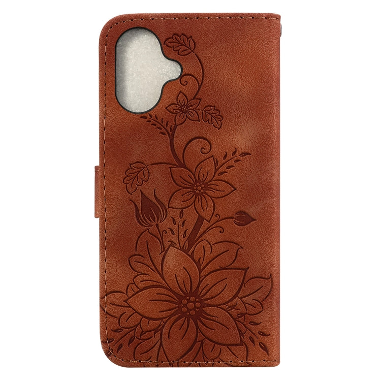 For iPhone 16 Plus Lily Embossed Leather Phone Case