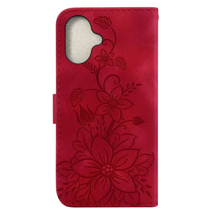 For iPhone 16 Plus Lily Embossed Leather Phone Case