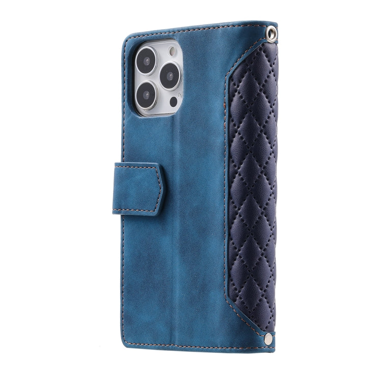 For iPhone 16 Pro Max Grid Texture Zipper Leather Phone Case with Lanyard