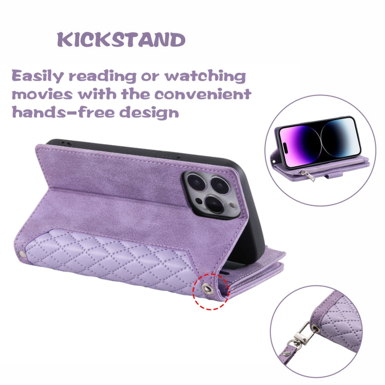 For iPhone 16 Pro Max Grid Texture Zipper Leather Phone Case with Lanyard