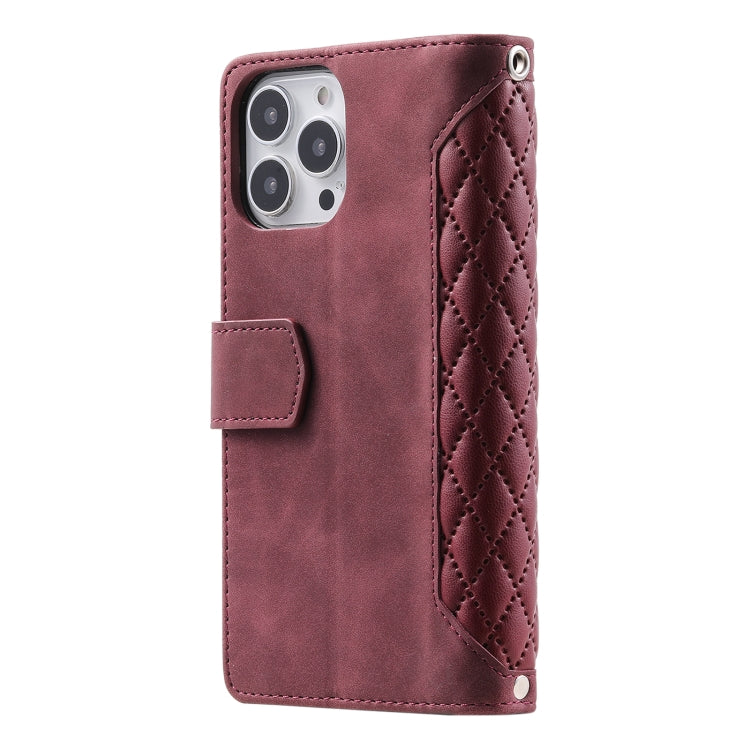 For iPhone 16 Pro Max Grid Texture Zipper Leather Phone Case with Lanyard
