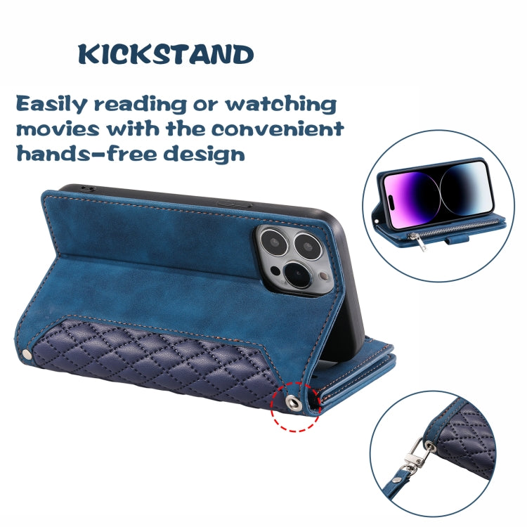 For iPhone 16 Pro Grid Texture Zipper Leather Phone Case with Lanyard