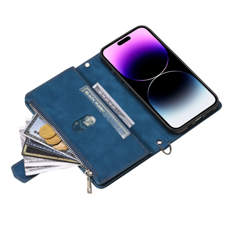 For iPhone 16 Pro Grid Texture Zipper Leather Phone Case with Lanyard
