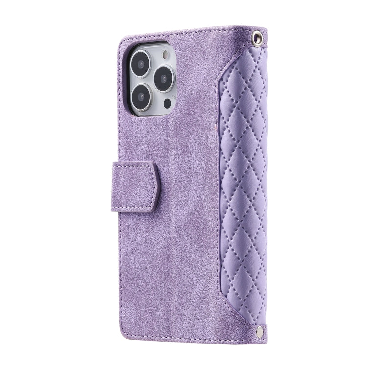 For iPhone 16 Pro Grid Texture Zipper Leather Phone Case with Lanyard