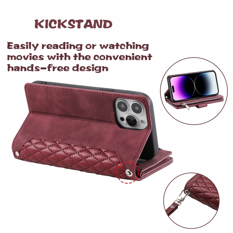 For iPhone 16 Pro Grid Texture Zipper Leather Phone Case with Lanyard