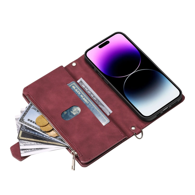 For iPhone 16 Pro Grid Texture Zipper Leather Phone Case with Lanyard