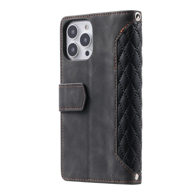 For iPhone 16 Pro Grid Texture Zipper Leather Phone Case with Lanyard