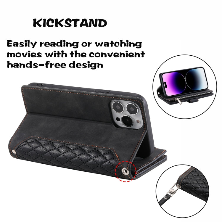 For iPhone 16 Pro Grid Texture Zipper Leather Phone Case with Lanyard