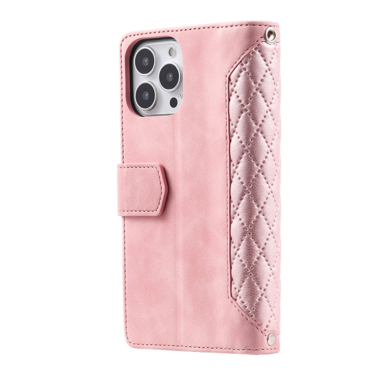 For iPhone 16 Pro Grid Texture Zipper Leather Phone Case with Lanyard
