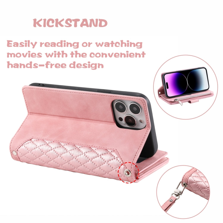 For iPhone 16 Pro Grid Texture Zipper Leather Phone Case with Lanyard