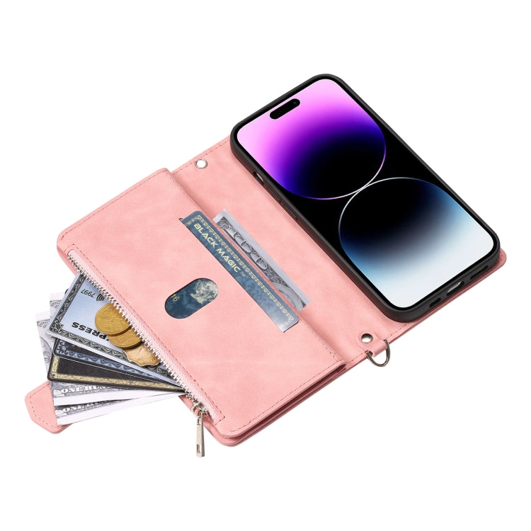 For iPhone 16 Pro Grid Texture Zipper Leather Phone Case with Lanyard