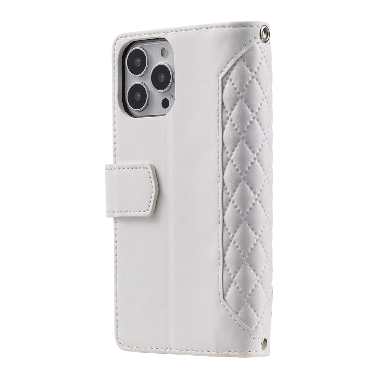 For iPhone 16 Pro Grid Texture Zipper Leather Phone Case with Lanyard