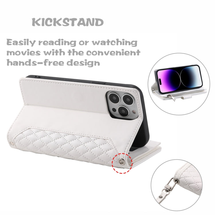For iPhone 16 Pro Grid Texture Zipper Leather Phone Case with Lanyard